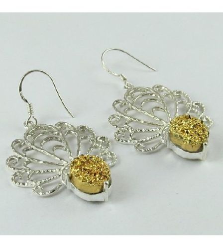 Amazing Flower Shape Yellow Druzy 925 Sterling Silver Earring