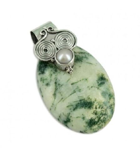 Beauty !! Tree Moss Agate, Pearl Gemstone Silver Jewelry Pendant