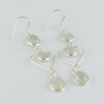 Rainbow Moon Stone Gemstone Dangle Silver Earring
