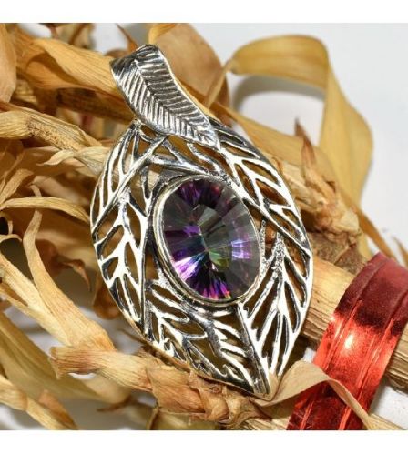 Women Charm Oval Rainbow Mystic Topaz 925 Sterling Silver Pendant