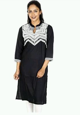 Chevron Black Cotton Embroidered Kurti, Style : Straight