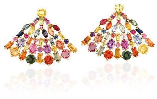 18 Kt Yellow Gold Cluster Design Multi Sapphire Stud Earring