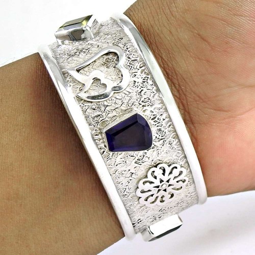 Big Dreamer! Amethyst, Lemon Topaz, Smoky Quartz 925 Sterling Silver Bangle