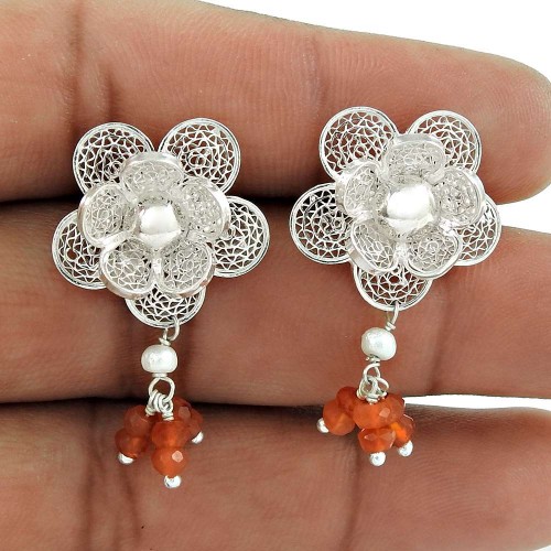 Flower Earring 925 Sterling Silver Mother Of Pearl Carnelian Gemstone Jewelry