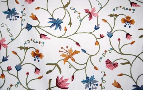 Cotton Crewel Embroidered Fabric Butterfly Snow White, Multicolor