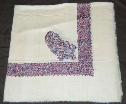 KASHMIR PASHMINA CASHMERE EMBROIDERED SHAWL ARAB SCARF, BLUE ON WHITE