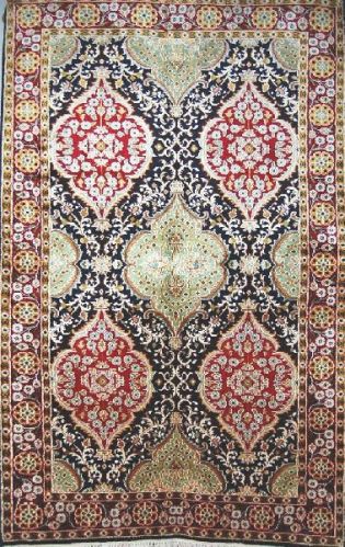 KASHMIR SILK CARPET HAND KNOTTED, RED AND GREEN