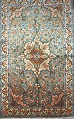 KASHMIR SILK CARPET HAND KNOTTED, TURQUOISE, Size : 3 X 5 Feet (90cm X 150cm)