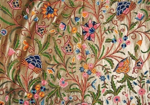 Velvet Crewel Embroidered Fabric Olive, Multicolor, Width : 56' (140 Cm)