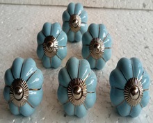 Hand Painted Light Blue and Silver Pumpkin Shape Silver Fitting Fancy Ceramic Door Knob