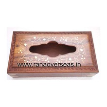 Wooden Carved Brass Inlay Tissue Box, For Home Decoration