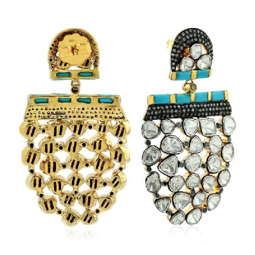 Gold Turquoise Uncut Diamond Latest Design Dangle Earring