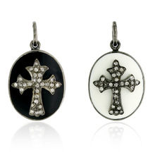 Sterling Silver Cross Charm Pendant Single Cut Diamond Handmade Enamel