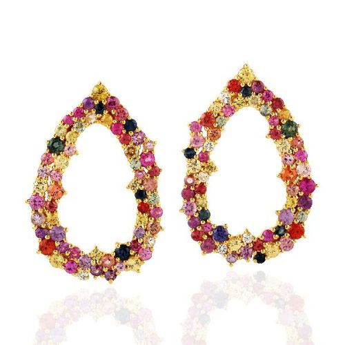 Yellow Gold Multi Sapphire Women Stud Earring