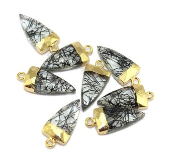 Black Rutilated Quartz 24k Gold Electroplated Trillion Nail Shape Pendant Charm