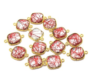 Cushion Shape Red Rutilated Quartz Gold Plated Double Bail Bezel Connectors