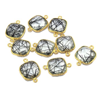 Shape Black Rutilated Quartz Gold Plated Double Bail Bezel Connectors