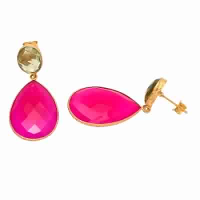 Fuchsia Chalcedony And Green Amethyst Earring, Purity : 925 Sterling Silver