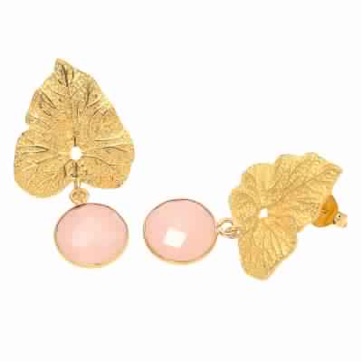 Pink Chalcedony Earring Leaf Stud Earring, Purity : 925 Sterling Silver