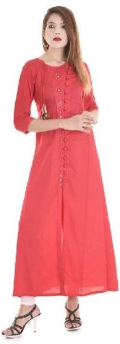 Best Designer Long Pattern Red Colored Cotton Fabric 3/4 Size Sleeves Party Wear Kurti Dress