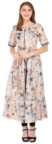 Beige Floral Print Long Kurti