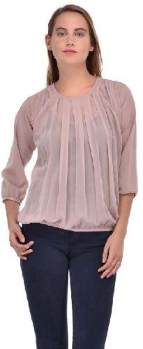 Solid Polyester Georgette Beige Transparent Top, Size : XS, M, XL, XXL