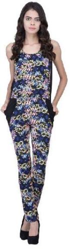 Polyester Crepe. Black Leaf Printed Jumpsuit, Size : XS, XL, XXL