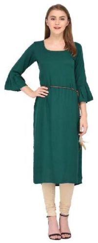Solid Rayon Peacock Green Plain Kurti, Size : XS, M, XL, XXL