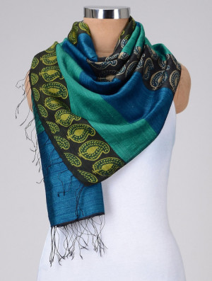 Blue Green Tussar Silk Stole, Feature : Anti-Wrinkle, Comfortable, Impeccable Finish