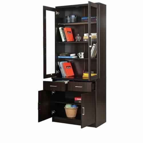 Acacia Double-Door Solid Wood Bookshelf (Dark Finish)