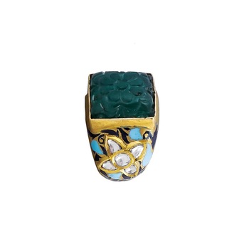 BLUE EMERALD ENAMEL CARVED POLKI RING, Gender : Women's