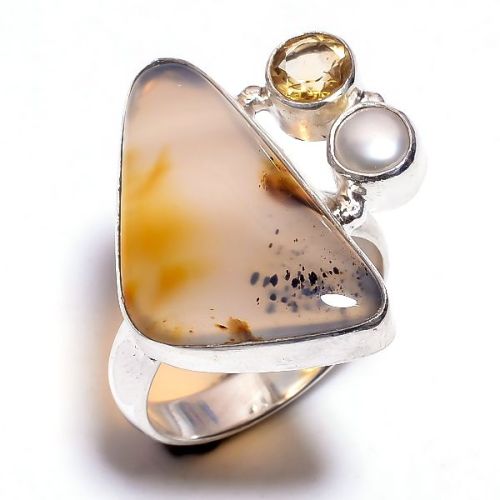 Dendrite Opal Multi Gemstone 925 Sterling Silver Ring Size 7.25