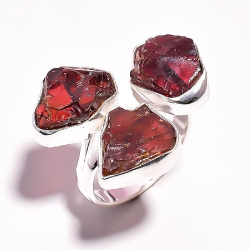 Garnet Raw Gemstone 925 Sterling Silver Ring Size US 7.75 Adjustable