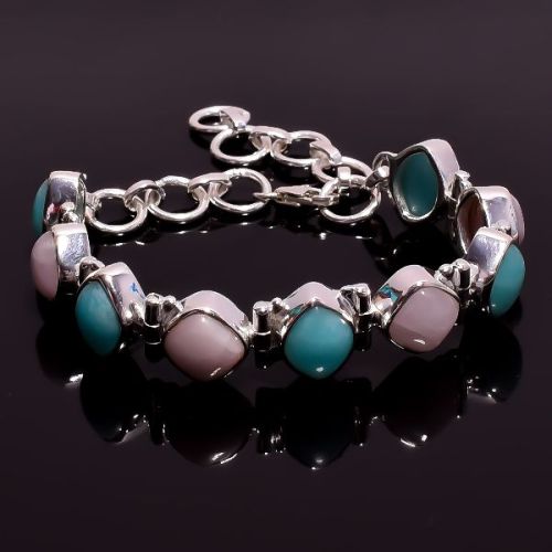 Pink Opal Amazonite Gemstone 925 Sterling Silver Bracelet