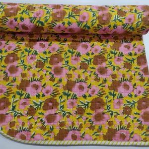 Hand Block Pink Brown Flower Print Baby Kantha Quilt Wrap Blanket