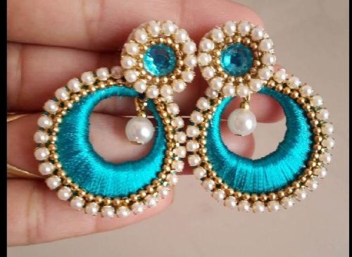 Silk Thread Earrings, For Party, Anniversary, Engagement, Color : Sea Green