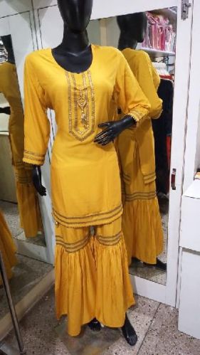 Cotton Designer Sharara Suit, Color : Yellow