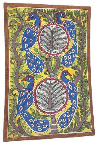 Traditional Madhubani Painting Depicting Lovely Peacocks