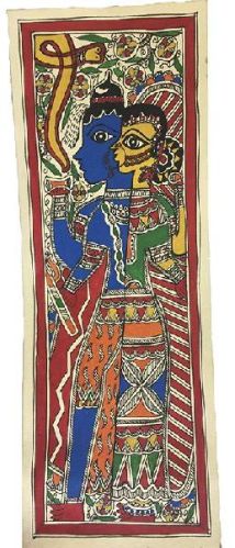 Traditional Madhubani Painting Depicting Radha and Krishna