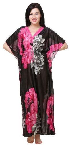 Go Glam Pink Black Kaaftaan Nighty, Size : Free Size