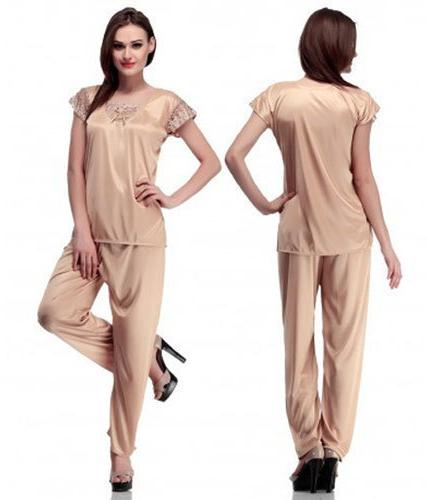 Short Sleeve Satin Fabric Fancy Night Suit, Pattern : Plain