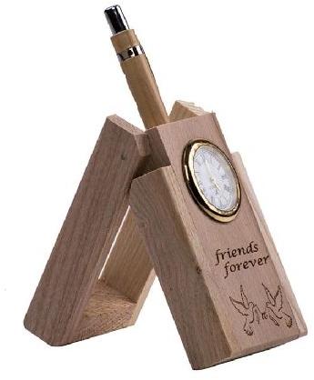 Wooden Pen Stand With Clock