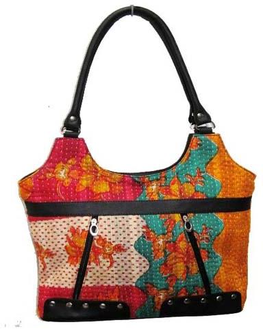 KANTHA FABRIC HAND BAG WITH LEATHER HANDLE