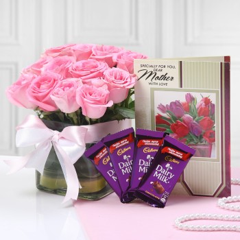 Combo Of Pink Roses With Cadbury Dairy Milk And Greeting Card