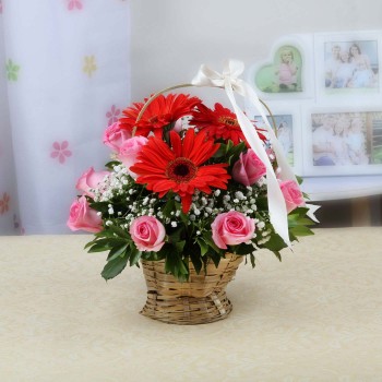 Flower Basket Of Red Gerberas and Pink Roses