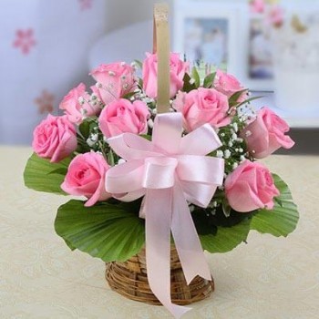 Pink Roses In Wicker Basket
