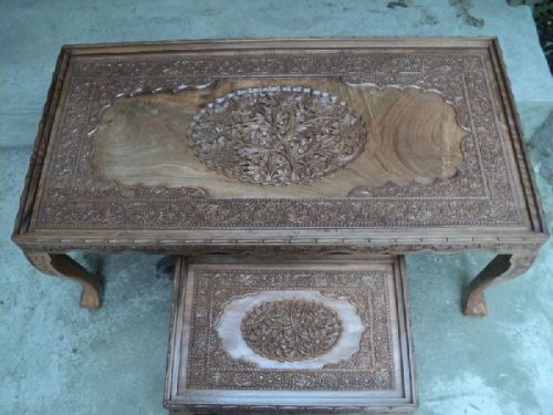 Carved Antique Coffee Table Set, Color : Dark Brown