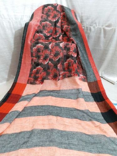 Handloom Pure Print Linen Saree, For Anti-Wrinkle, Easy Wash, Shrink-Resistant, Pattern : Printed