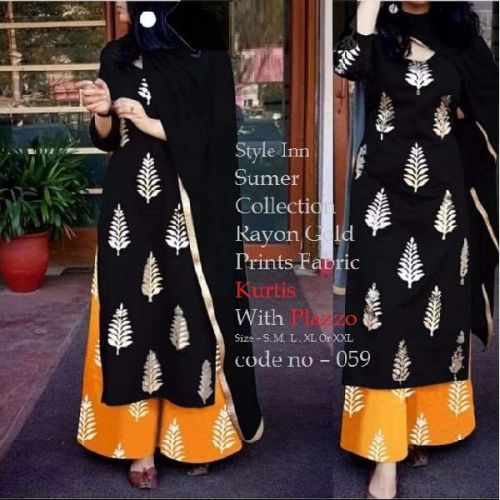 Printed Rayon Kurti With Palazzo, Size : M, XL, XXL