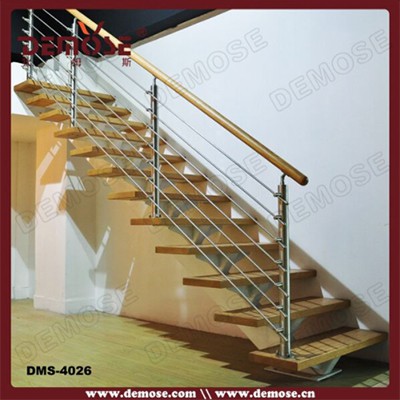 Polished Inox Balustrade Wooden Straight Staircase
